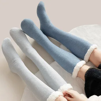 Kış Rahat Çorap Sıcak Yastıklı Kalınlaşma Ev Uyku Uzun Çorap Termal Kat Çorap Düz Renk Artı Polar Artı Kalın Çorap
