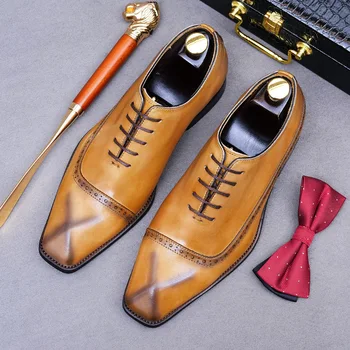 El yapımı Erkek Düğün Oxford Ayakkabı Lace Up Hakiki Deri Düz Elbise Ayakkabı Erkekler İş Resmi Brogues