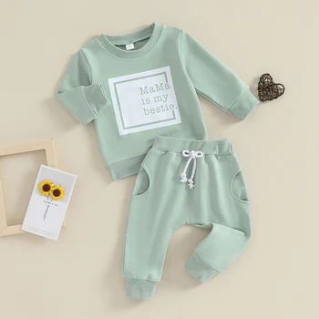 Toddler Bebek Kız Giysileri 6 9 12 18 24 Ay 2T 3T Kıyafetler Mektup Uzun Kollu Kazak koşucu pantolonu Eşofman Seti