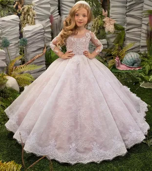 2023-düğün kız elbise lüks sparkly dantel allık pembe önlük uzun kollu çiçek çocuk balo juior nedime
