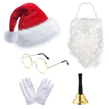5 Adet Set Profesyonel Noel Baba Kıyafeti Tatil Cosplay Takım Elbise Dahil Olmak Üzere Noel Şapka ve Elastik Beyaz Sakal ve Eldiven G5AB