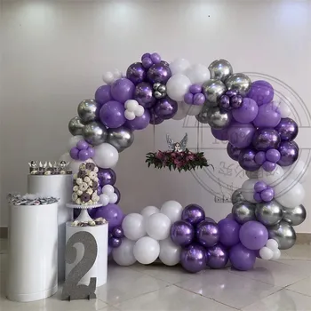 122 adet Mor Beyaz Balonlar Kemer Garland Kiti Krom Gümüş Lateks Balon Düğün Doğum Günü Partisi Dekorasyon Malzemeleri İçin