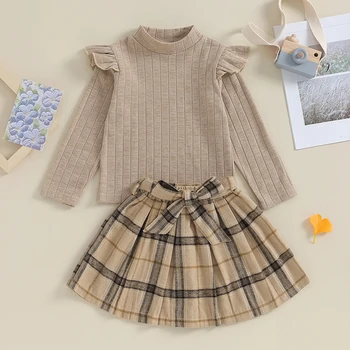 Çocuk Bebek Kız 2 adet Elbise Takım Elbise Rahat Uzun Kollu Fırfır Örme Kazaklar + Kuşaklı Ekose Etek bebek kıyafetleri Seti