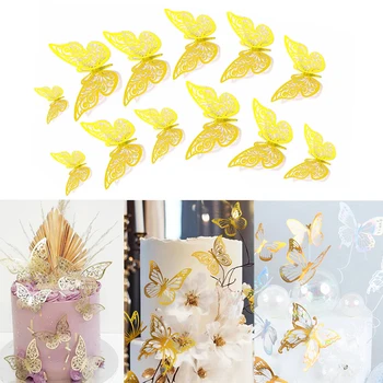 12 Adet Yapay Kelebek Mutlu Doğum Günü Pastası Topper Altın 3D Kelebekler Cupcake Top Düğün Parti Pişirme Tatlı Dekor
