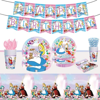 Alice in Wonderland Tema Doğum Günü Partisi dekorasyon kağıdı Bardak Tabak Doku Afiş Kek Toppers Bebek Duş Balonlar Kız İyilik