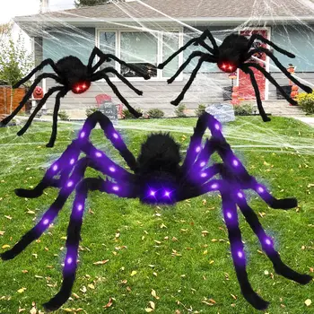 125CM cadılar bayramı dekorasyon perili sahne siyah korkunç dev simülasyon örümcek mor ışık ile kapalı açık perili dekorasyon