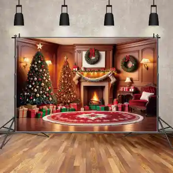 ay.QG Zemin Noel Süsler Şömine Arka Plan Fotoğrafçılık için Top Ağacı Çelenk Hediyeler Eski ev duvar dekoru Sahne