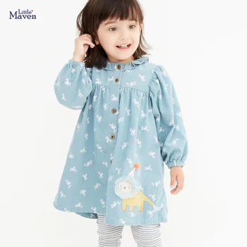 Küçük maven Açık Mavi Bebek Kız Uzun Kollu Elbise Pamuk Rahat Frocks Giysileri Güzel Çocuklar için 2-7 yıl