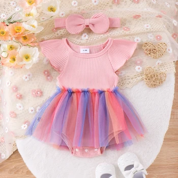 Yenidoğan Bebek Kız Nervürlü Romper Elbise Sinek Kollu Çiçek Dantel Tutu Bodysuit Kafa Bandı İle Doğum Günü Giysileri