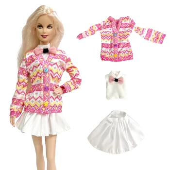 NK 3 Ürün / Set Rahat Kıyafet Pembe Ceket + Beyaz Üst + Etek Moda Giysileri barbie bebek Aksesuarları Bebek Çocuk Oyuncak
