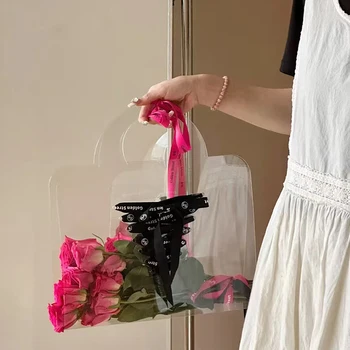 Şeffaf PET Tote Çanta Çin sevgililer Günü Buket Şeffaf El hediye çantası Basit Çiçekler Tatil Parti hediye çantası
