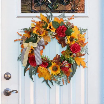 Ön Kapı için Sonbahar Çelenkleri, Ayçiçeği Sonbahar Çelengi, Balkabağı ve Çuval Bezi Fiyonkları, Dışarıdaki Çiftlik Evi için