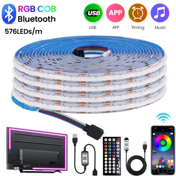 5V USB RGB COB LED şerit ışık Bluetooth APP Uzaktan Kumanda 576LEDs / m Yüksek Yoğunluklu Esnek Renkli Doğrusal Bant TV arkaplan ışığı
