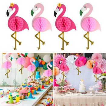 1 adet Pembe Flamingo Petek Topu Kağıt Çiçekler Asılı Kolye Tropikal Hawaii Tema Düğün Doğum Günü Partisi Dekor Garland