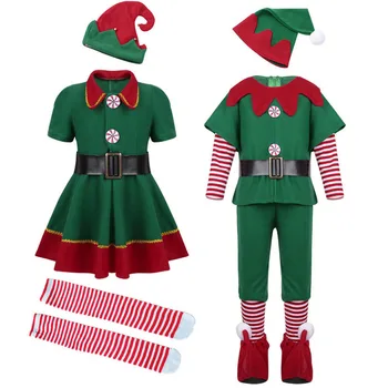 Çocuklar Yetişkin Noel giyim seti Çocuklar Üstleri Pantolon Şapka Kemer Çocuk Noel Giysileri Erkek Bebek Kız Doğum Günü Kıyafeti Elfler Kostüm