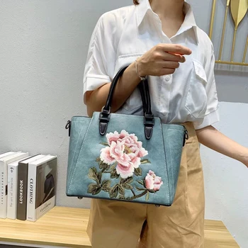 Kadın askılı omuz çantası Tote Deri El Çantaları Kadınlar için 2024 Kış Nakış Çiçek Bayan Çanta Çin Tarzı Kadın Çanta