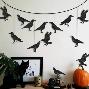 32 Adet Glitter Siyah Crow Raven Afiş Cadılar Bayramı Asılı Kağıt Kuş Kiraz Kuşu Bayrakları Garland Çocuklar Mutlu Cadılar Bayramı Partisi Süslemeleri