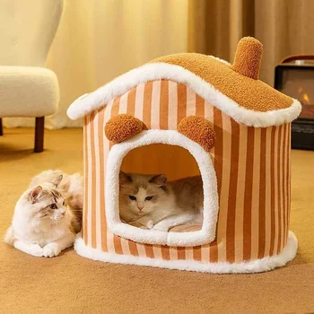 Katlanabilir Köpek Evi Kediler ve Küçük Köpekler için Kapalı Sıcak Peluş Uyku Yuva Yatak Çıkarılabilir Yastık ile Kapalı Pet Mağara Yatak Çadır