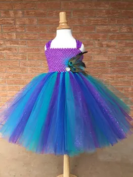 Kızlar Tavuskuşu Tüyü Çiçek Tutu Elbise Çocuklar Tığ Glitter Tül Elbise Çocuk Doğum Günü Partisi Ziyafet Kostüm Cosplay Elbiseler