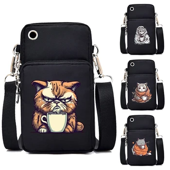 Kedi İçecek Kahve Baskı Kadın Cep Telefonu Çantası Mini Harajuku Crossbody Çanta Komik Hayvan Kedi omuz çantaları Kadın Çantalar Çanta