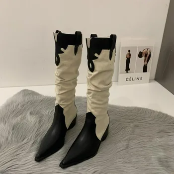 Yeni Flashion Kadın Batı Cowgirl Çizme Moda Kayma Uzun Şövalye Patik Sonbahar Kış Yüksek Topuk kadın ayakkabısı