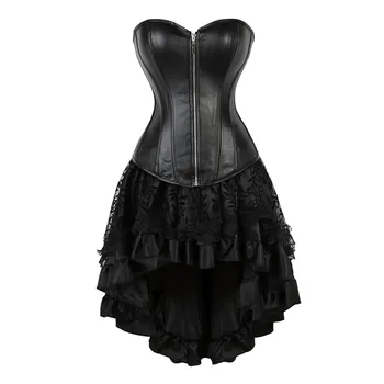 Siyah Suni Deri Korse Üst Dantel Etek Setleri Seksi Steampunk Fermuar Ön Korse Elbise Showgirls Clubwear Artı Boyutu S-6XL