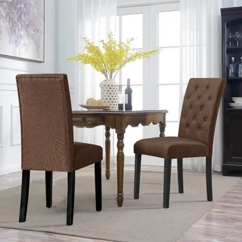 Ev/Mutfak/Oturma Odası için Modern Nefes Alabilen Keten Kumaş Yemek Sandalyesi, 2'li Set, Kahve