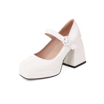 Moda Beyaz Platformu Pompaları Kadınlar için Yüksek Topuklu Toka Kayış Mary Jane Ayakkabı Goth Kalın Topuklu parti ayakkabıları Büyük Boy 47 686-1