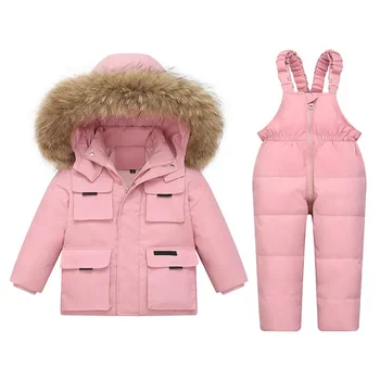 -30℃ Çocuk giyim setleri 2023 Çocuk Kış 90 % Aşağı Ceket Toddler Kız giysileri Sıcak Tulum Bebek Erkek Ceket parka gerçek kürk