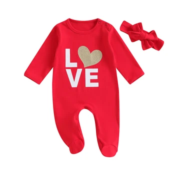 Yenidoğan Bebek Kız Sevgililer Günü Kıyafetler Uzun Kollu Kalp Mektubu Baskı Ayaklı Romper Kafa Bandı Bebek Giysileri