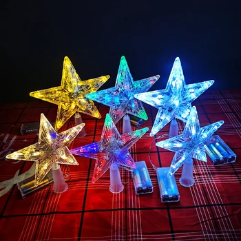 2023 Merry Christmas Noel Ağacı üst dekorasyon LED 15CM şeffaf beş Köşeli Yıldız ışığı ile Noel Süsler