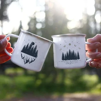 Gece Orman Dağ Baskı Emaye Kupa Yaratıcı Kahve Çay Su Süt Bardak Kamp Kupalar Kolu Drinkware Tatil Yürüyüş Kupa