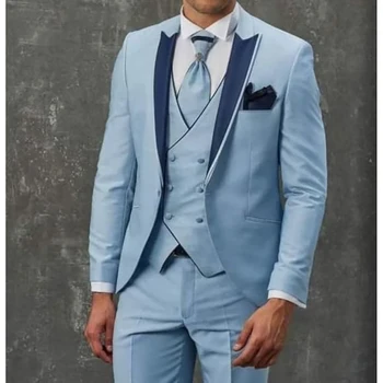 3 Parça Ceket Pantolon Yelek Mavi erkek Takım Elbise Resmi Parti Tek Göğüslü Doruğa Yaka Özelleştirilmiş Blazer Düğün Damat Kostüm