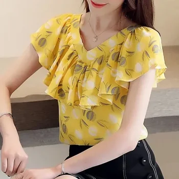 Fırfır Kısa Kollu Çiçek Bluzlar Kadın Baskı şifon üstler Tatlı Sarı Ofis Gömlek Kore Bayanlar Moda Bluz Blusas Mujer