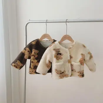 Kış Sevimli Bebek Ayı Baskı Ceket Moda Çocuklar Peluş Ceket Erkek Karikatür Polar Hırka Çocuk Giyim Bebek Kız Giysileri