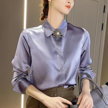 Ilkbahar Sonbahar Zarif Moda Düz Renk Saten Gömlek Bayan Uzun Kollu Mizaç Tüm Maç Dipli Bluz Kadın Hırka Üst