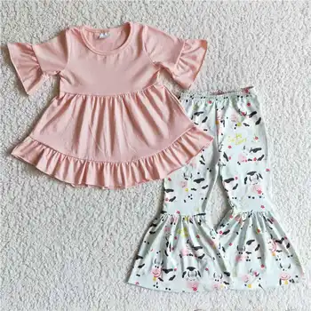 2023 Yeni güncelleme RTS bebek giyim setleri çocuk kız Kız Çiftlik İnekleri Pembe Kısa Kollu Pantolon kıyafetler