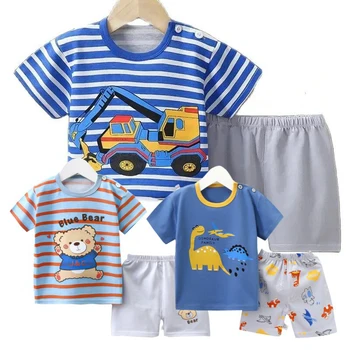 Pamuk Pijama Karikatür T-Shirt + Şort 2 Parça giyim seti Çocuklar Yaz Erkek Bebek Kız Şerit Rahat Eşofman Giysileri Takım Elbise 0-6 Y