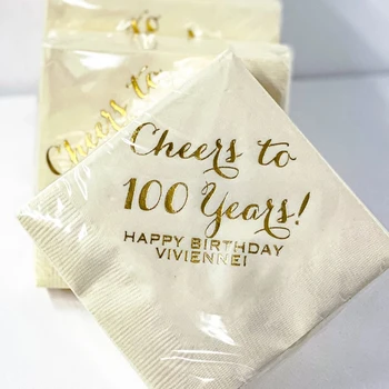50 Adet Şerefe 100 Years - 100th Doğum Günü Kilometre Taşı, Doğum Günü Partisi Peçeteler, Kokteyl, Kişiselleştirilmiş Mutlu Doğum Günü Süslemeleri