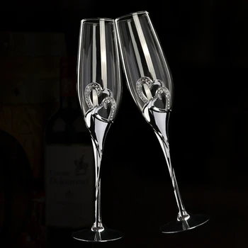 2 Adet Düğün şampanya kadehi Seti Kızartma Flüt Gözlük için Rhinestone Kristal Çerçeveli Kalpler Dekorasyon İçecek Bardağı Dropship