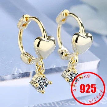 Damga 925 Ayar Gümüş Minimalist Kısa Aşk Kalp Yuvarlak Zirkon Hoop Küpe Moda Kadınlar için Çift Takı Hediye