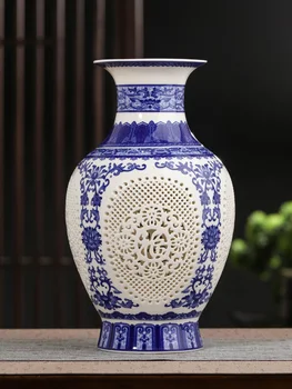 Jingdezhen İçi Boş Vazo Seramik Süs Oturma Odası Çin Tarzı Kuru Çiçek Yaratıcı Mavi Ve Beyaz Porselen Vazo Çiçek Zanaat
