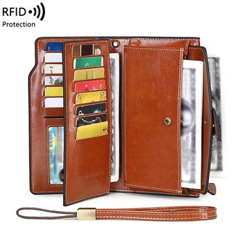 RFID anti-hırsızlık fırça kadın retro uzun üç kat katlanabilir cüzdan bilek kayışı ile çok fonksiyonlu el kredi kart tutucu
