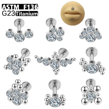 G23 Titanyum Dudak Damızlık Kristal Labret Piercing ASTM F136 İçten Dişli Helix Tragus Piercing Kabuklu düğme küpe Vücut Takı