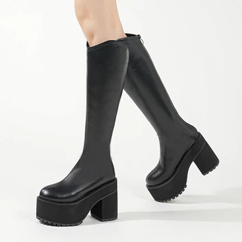 Siyah Uzun Çizmeler Kadın 11 cm Tıknaz Yüksek Topuklu Goth platform ayakkabılar Punk Yeni Kaya Ayakkabı Sonbahar Diz Yüksek Çizmeler Botines Mujer