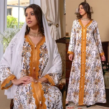 Turuncu Çiçek Baskı Moda Elbise Müslüman Dantel V Yaka Trim Jalabiya Beyaz Başörtüsü Seti Kadın Bayram Ramazan Dubai Arapça Umman Abaya