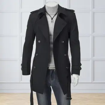 Erkekler Uzun Ceket Şık erkek Kruvaze Trençkot Klasik Yaka Kuşaklı Orta Uzunlukta Ceket Sonbahar Kış Moda Kuşaklı