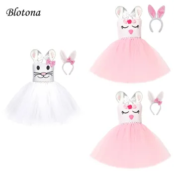 Blotona Toddler Kız Paskalya Cosplay Elbise Seti, Tavşan Baskı Kolsuz Tül Patchwork Elbise + Tavşan Kulak Bandı, 2-12Years