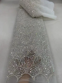 Beyaz Afrika Dantel Kumaş 2024 Sequins Boncuklu Nakış Nijeryalı Gelin Yüksek Kaliteli Fransız Tül Dantel Kumaş düğün elbisesi
