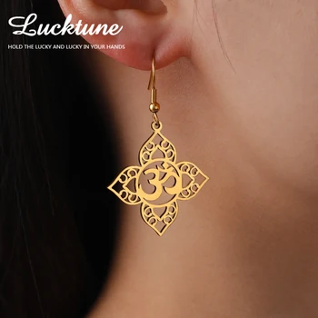 Lucktune OM Sembolü Lotus Çiçeği Damla Küpe Kadınlar Paslanmaz Çelik Yoga Çakra Dangle Küpe Budizm Vintage Takı Hediye